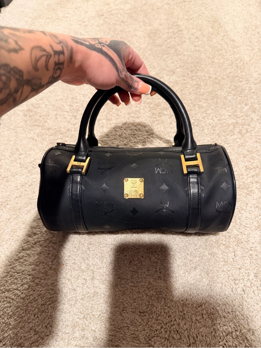 Vintage MCM Black Logo Barrel Bag with Gold Plaque